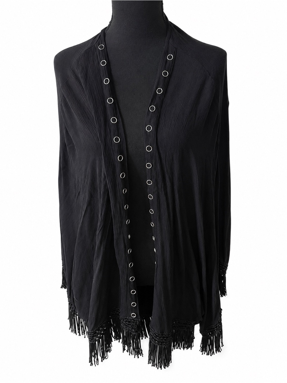 Earthbound Trading Co Black Fringe Kimono Cardigan XL Boho Open Front